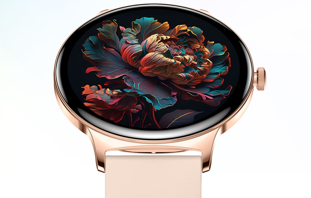 Χρυσό smartwatch με ένα πολύχρωμο τριαντάφυλλο στο καντράν.