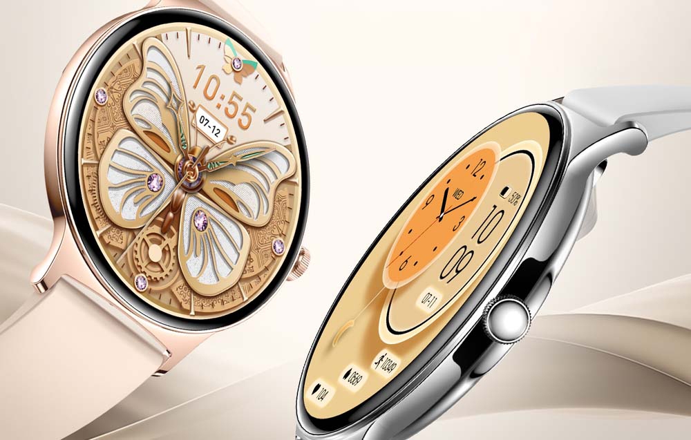 Χρυσό και ασημένιο smartwatch με πολύχρωμη ταπετσαρία.