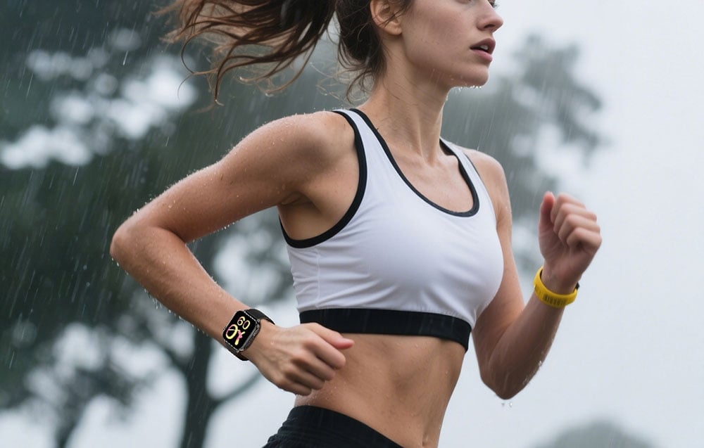 Μια γυναίκα που τρέχει στη βροχή με ένα smartwatch στον καρπό της.