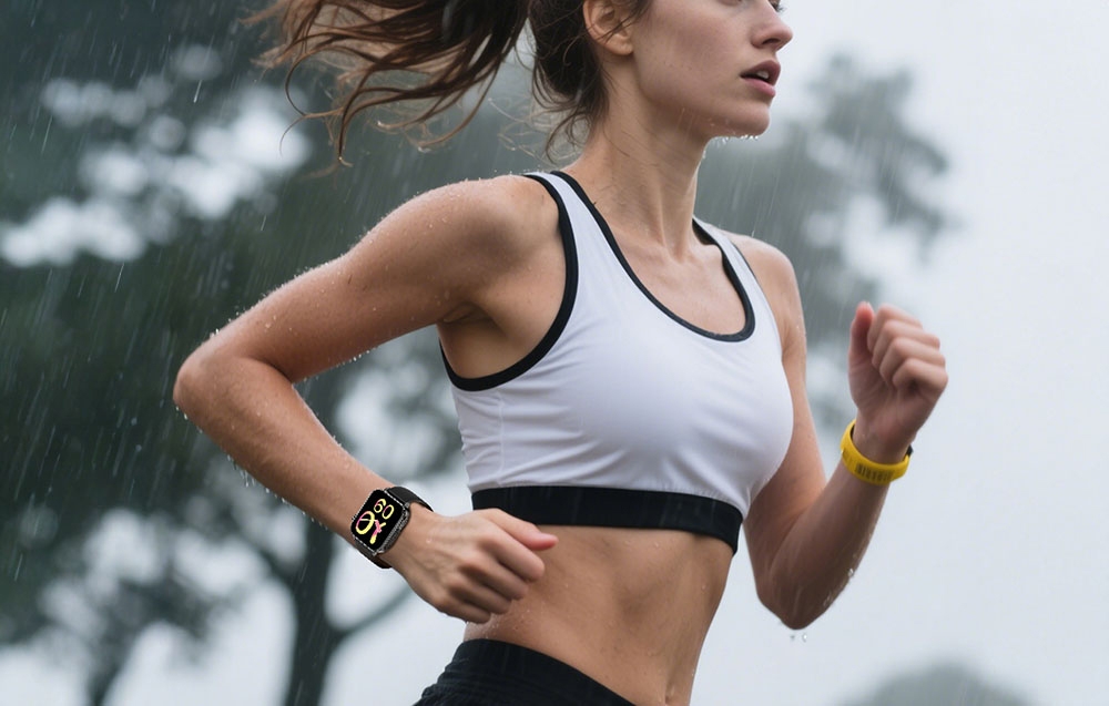 Μια γυναίκα τρέχει στη βροχή με ένα smartwatch στον καρπό της.