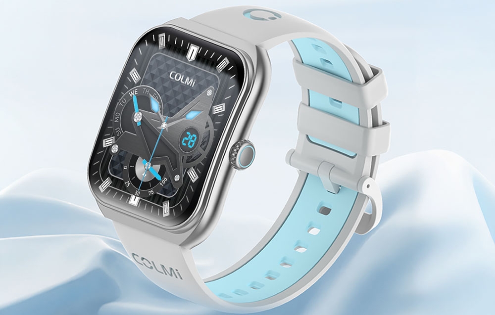 Ένα λευκό και ασημί smartwatch σε μπλε φόντο.