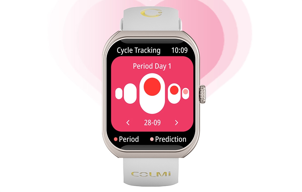 Ασημί smartwatch Colmi που παρακολουθεί τον εμμηνορροϊκό κύκλο.