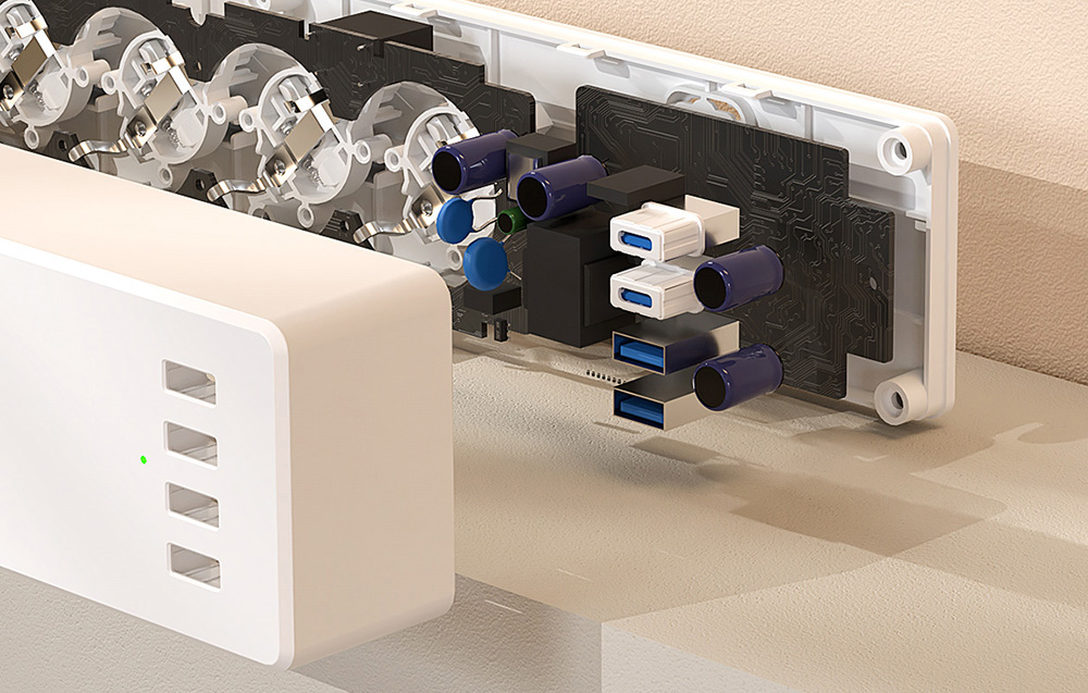 Εσωτερική άποψη του πλέγματος τροφοδοσίας με εκτεθειμένα τα ηλεκτρονικά και τις πρίζες USB και τα εξαρτήματα προστασίας από υπερτάσεις