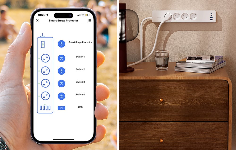 Αριστερά, η οθόνη ενός smartphone με μια εφαρμογή για τον έλεγχο της πρίζας, δεξιά, η πρίζα τοποθετημένη πάνω από μια συρταριέρα με ένα φως συνδεδεμένο