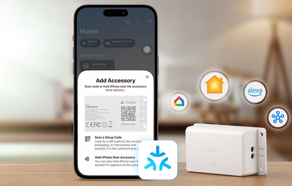 Ένα smartphone που εμφανίζει την οθόνη σύζευξης αξεσουάρ Matter με εικονίδια πλατφόρμας έξυπνου σπιτιού.