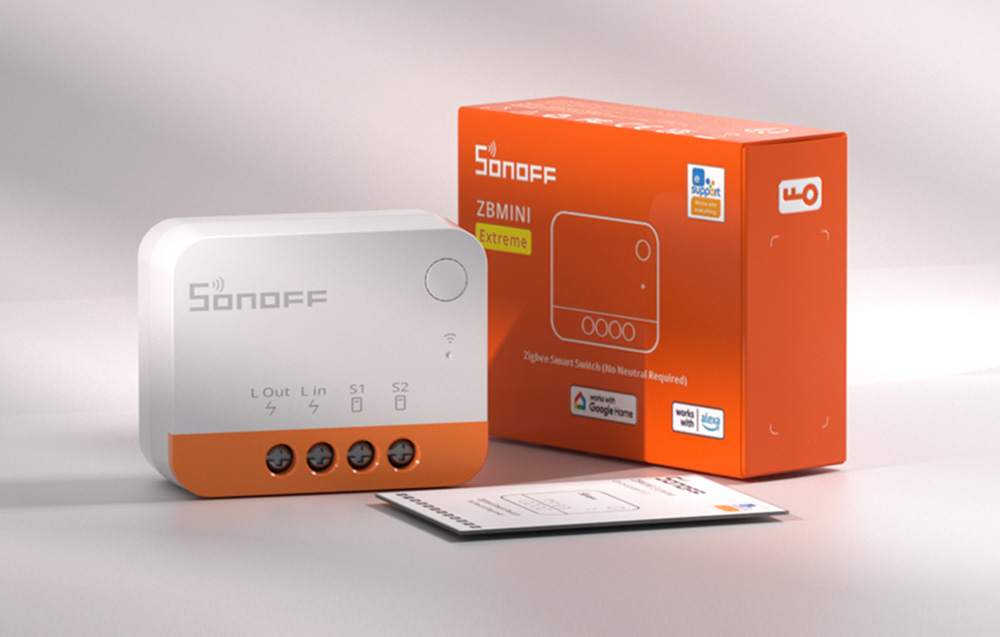Κιτ Sonoff ZBMINI Extreme με μονάδα, οδηγίες και πορτοκαλί συσκευασία