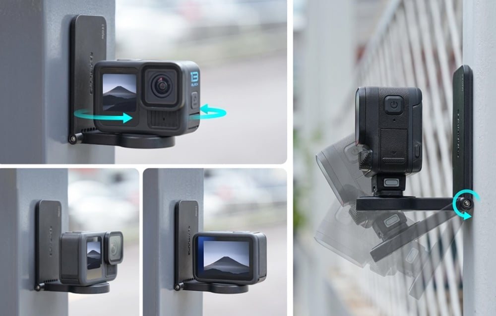 Κάμερα GoPro τοποθετημένη σε μεταλλική επιφάνεια με μαγνητική περιστρεφόμενη βάση, που προβάλλεται από διαφορετικές γωνίες και δυνατότητα ρύθμισης
