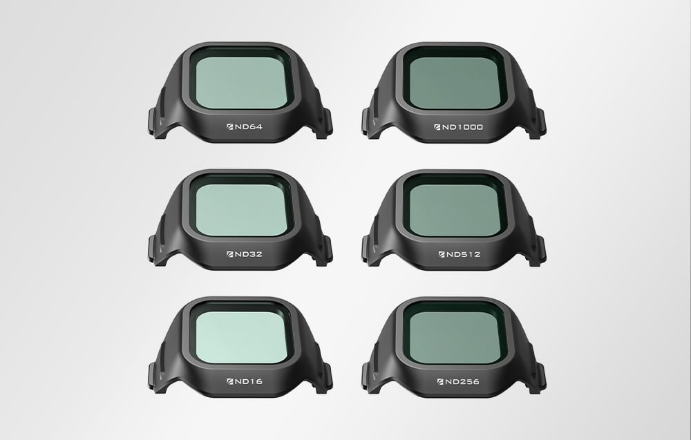 Άνω όψη έξι φίλτρων ND για drone - ND16, ND32, ND64, ND256, ND512 και ND1000 με γυαλί μέντας