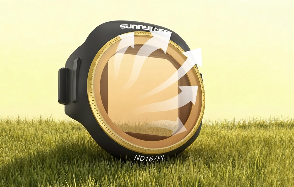 Φίλτρο Sunnylife ND16/PL με κίτρινο γυαλί και γραφικά βέλη που δείχνουν την τοποθέτηση στο γρασίδι