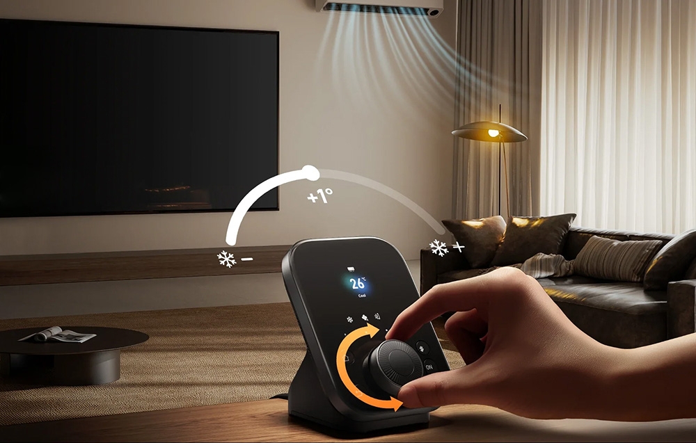 Τηλεχειριστήριο SwitchBot που ρυθμίζει τη θερμοκρασία στο σαλόνι με απεικόνιση του ελέγχου του κλιματισμού