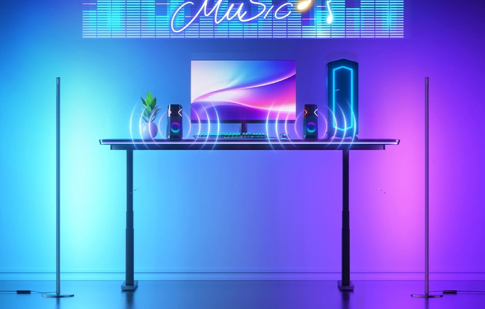 Γραφείο παιχνιδιών με οπίσθιο φωτισμό RGB, οθόνη και ηχεία με μπλε-μωβ φωτισμό LED