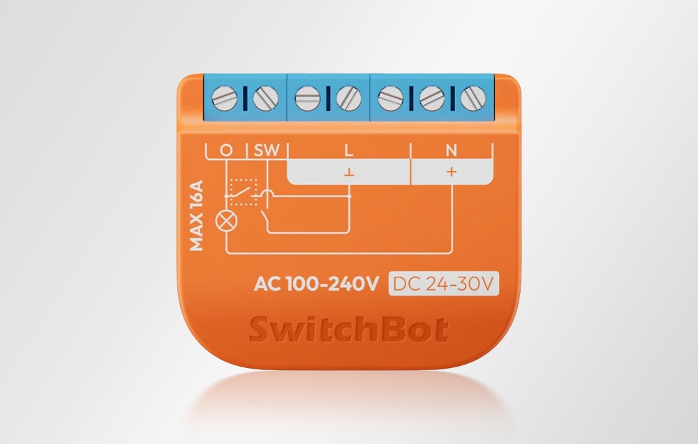 Μπροστινή όψη της μονάδας SwitchBot που δείχνει το διάγραμμα συνδεσμολογίας με σημειωμένες τις εισόδους O, SW, L και N