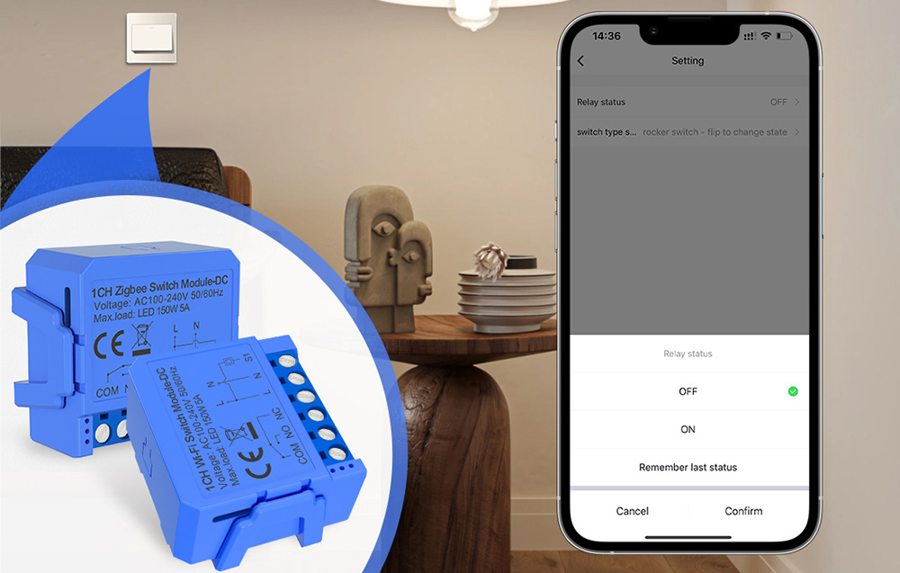Smartphone με εφαρμογή που ελέγχει τη μονάδα Zigbee, εμφανίζοντας επιλογές για την ενεργοποίηση και την αποθήκευση της κατάστασης του ρελέ