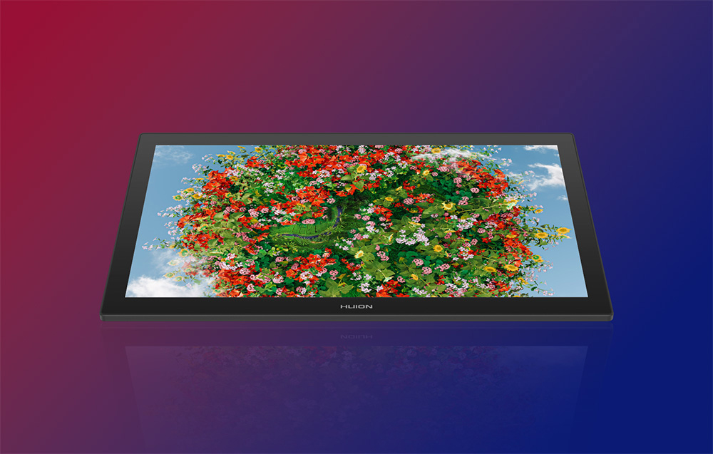 Huion tablet γραφικών με οθόνη που απεικονίζει μια πολύχρωμη απεικόνιση λουλουδιών σε διαβαθμισμένο φόντο