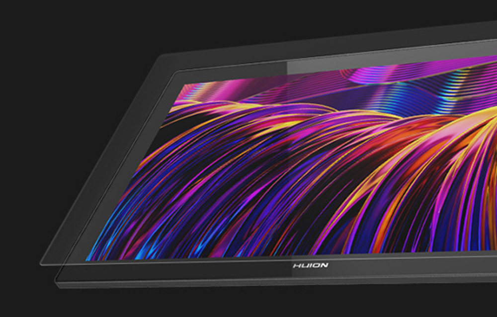 Κοντινό πλάνο της οθόνης του tablet Huion με αφηρημένα γραφικά γεμάτα δυναμικές πολύχρωμες γραμμές σε μοβ και πορτοκαλί χρώματα