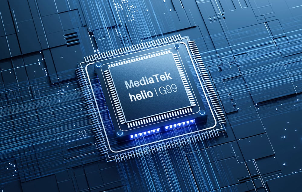 Απεικόνιση ενός επεξεργαστή MediaTek Helio G99 σε πλακέτα κυκλώματος με μπλε οπίσθιο φωτισμό LED