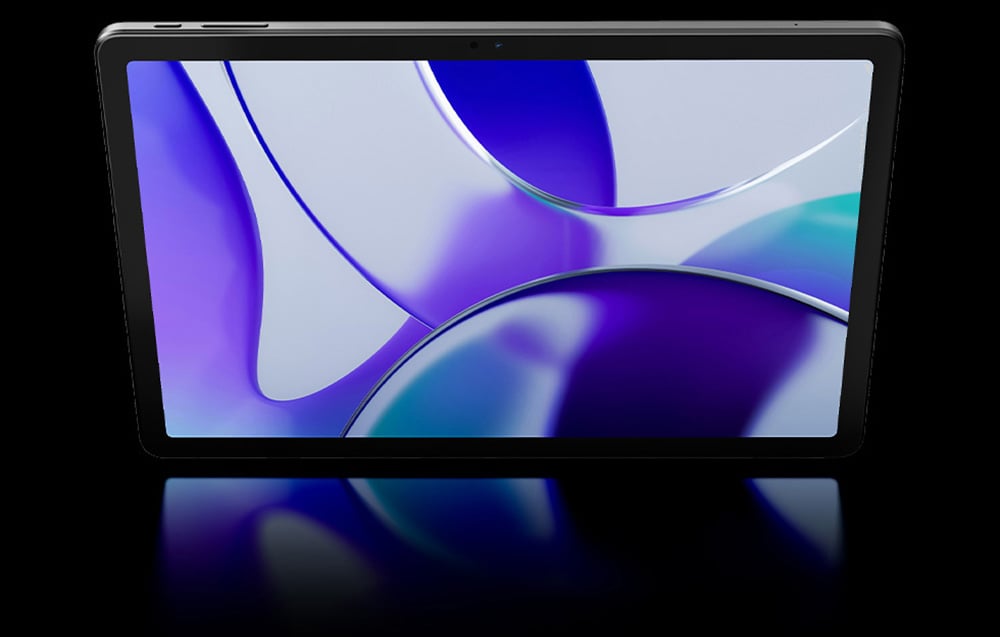Tablet με αφηρημένη ταπετσαρία σε μοβ και μπλε χρώματα, μπροστινή όψη με αντανάκλαση σε μαύρη επιφάνεια
