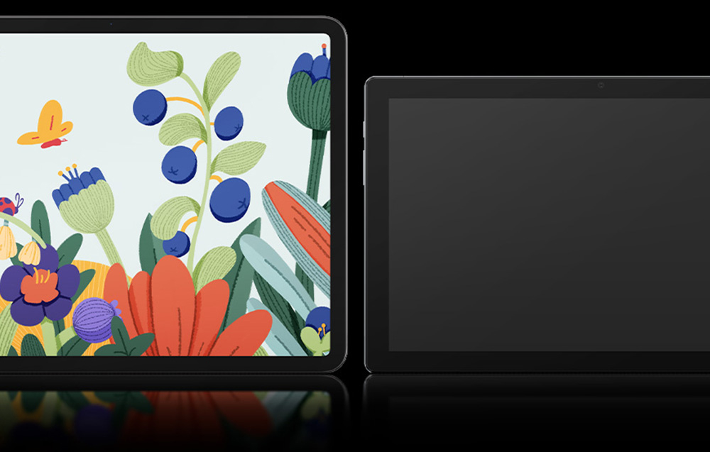 Δύο tablet δίπλα-δίπλα - το ένα με απεικόνιση λουλουδιών και πεταλούδων, το άλλο με απενεργοποιημένη οθόνη