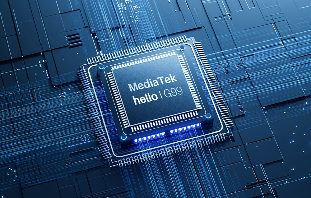 Απεικόνιση ενός επεξεργαστή MediaTek Helio G99 σε πλακέτα κυκλώματος με μπλε οπίσθιο φωτισμό LED