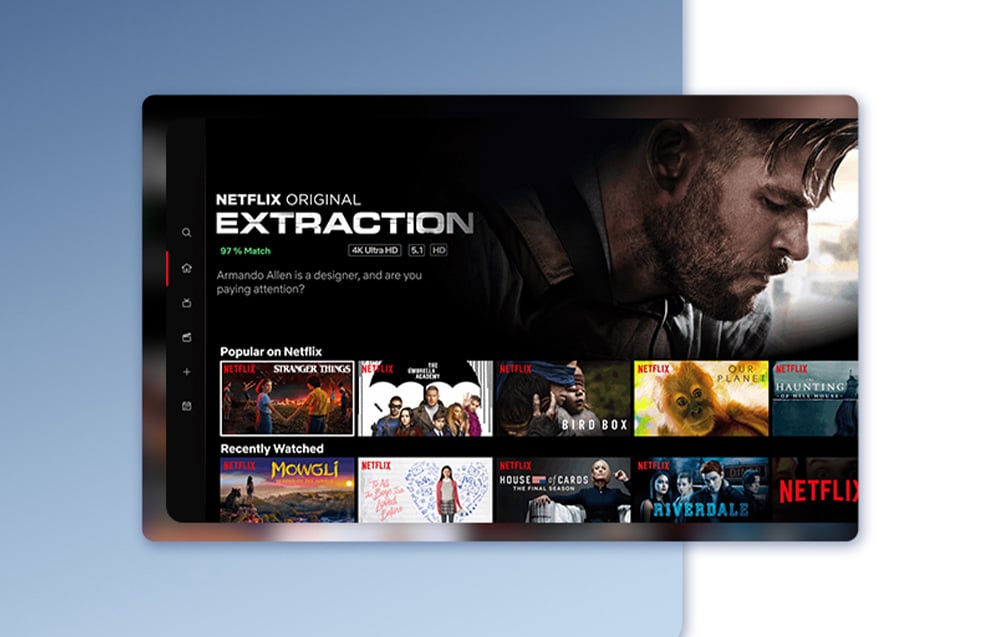 Tablet με διεπαφή Netflix που εμφανίζει τις διαθέσιμες ταινίες και τηλεοπτικές σειρές
