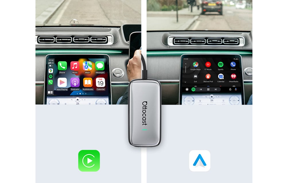 Προσαρμογέας Ottocast που συνδέει το CarPlay και το Android Auto σε ένα αυτοκίνητο