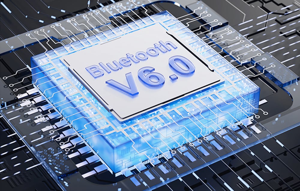 Ένα τσιπ με τη λέξη Bluetooth V6.0 που περιβάλλεται από μπλε ηλεκτρονικές γραμμές σύνδεσης
