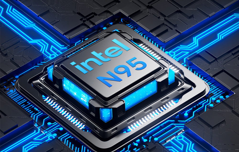 Επεξεργαστής Intel N95 με μπλε ανταύγειες, τοποθετημένος σε φουτουριστική μητρική πλακέτα
