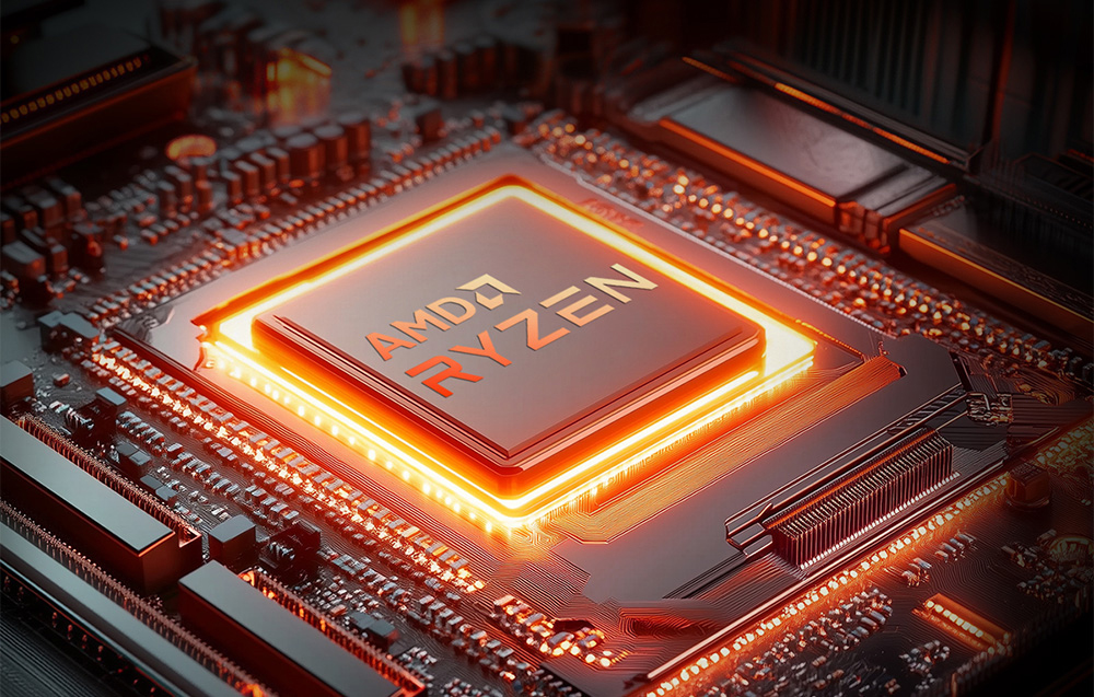 Επεξεργαστής AMD Ryzen με έντονο πορτοκαλί οπίσθιο φωτισμό, ενσωματωμένος στη μητρική πλακέτα