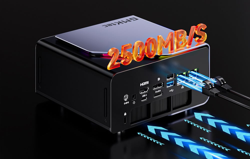 Μίνι PC GMKtec με σαφώς σημειωμένη ταχύτητα μεταφοράς 2500 MB/s και δύο συνδεδεμένα καλώδια δικτύου