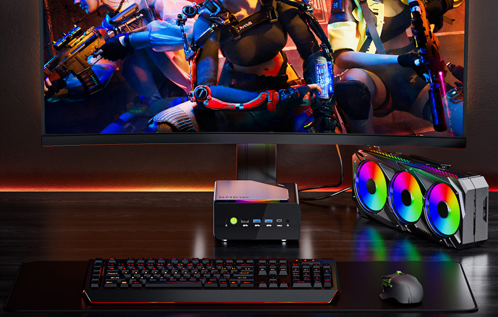 Κιτ gaming με mini PC της GMKtec, οθόνη gaming, πολύχρωμη ψύξη GPU και πληκτρολόγιο με οπίσθιο φωτισμό