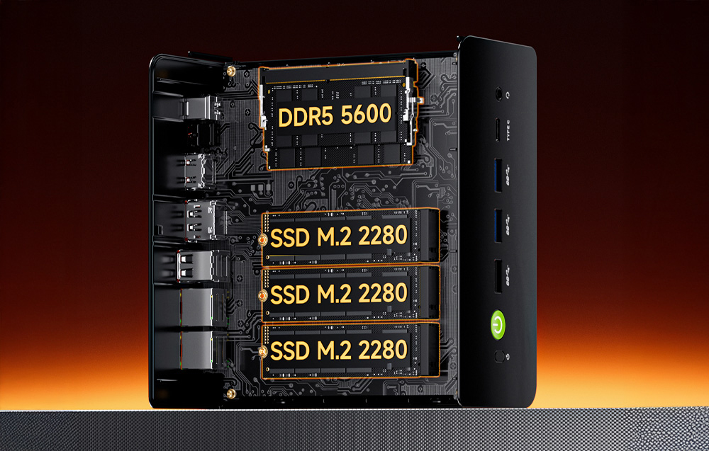 Το εσωτερικό του mini PC GMKtec με τοποθετημένη μνήμη DDR5 5600 και τρεις SSD M.2 2280