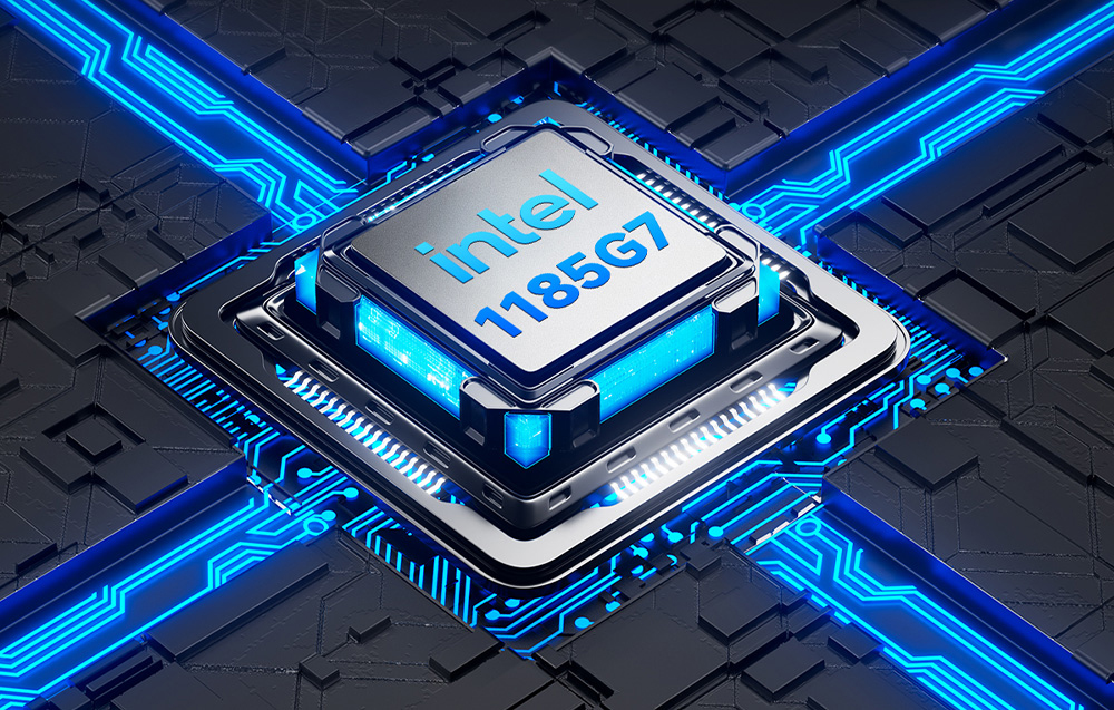 Επεξεργαστής Intel 1185G7 με μπλε οπίσθιο φωτισμό, τοποθετημένος σε στυλιζαρισμένη μητρική πλακέτα