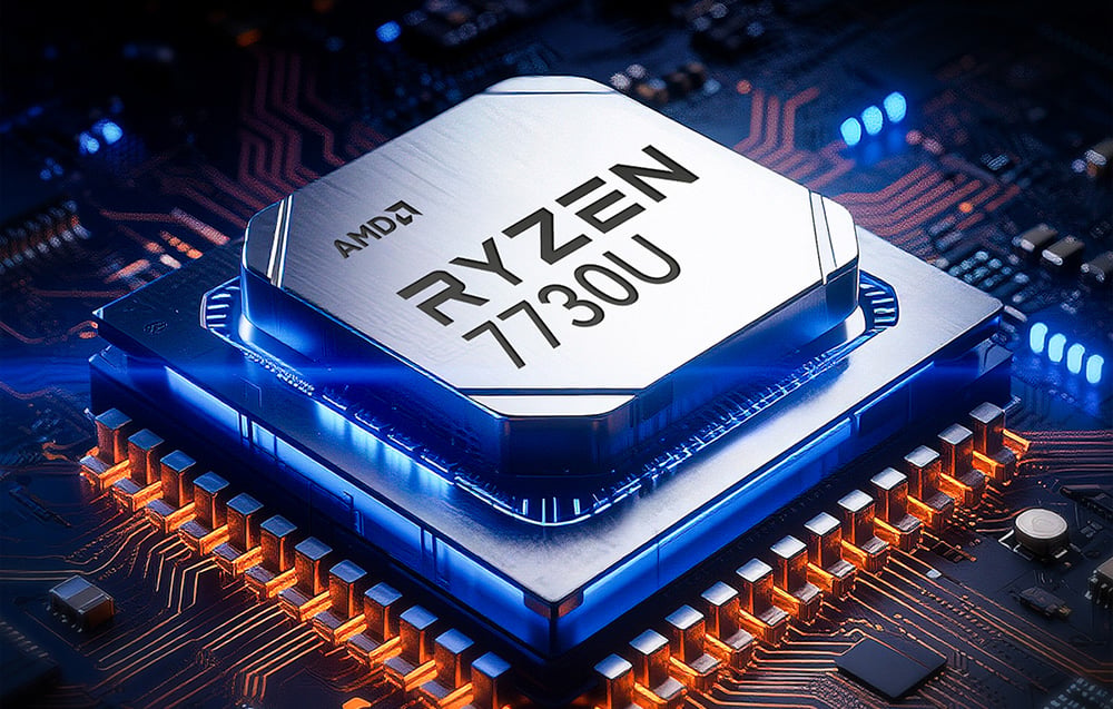 Επεξεργαστής AMD Ryzen 7730U με μπλε οπίσθιο φωτισμό, τοποθετημένος στη μητρική πλακέτα