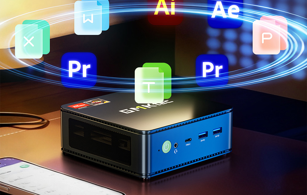 GMKtec mini PC με εικονίδια δημοφιλών εφαρμογών γραφείου και δημιουργικής απασχόλησης που αιωρούνται πάνω από τη συσκευή