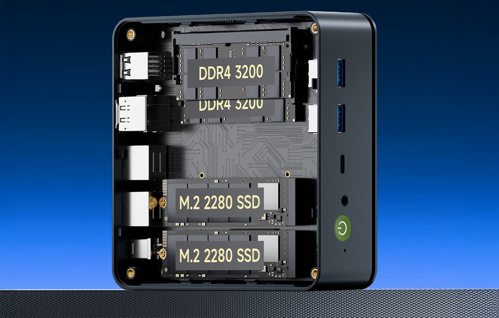Το εσωτερικό του mini PC GMKtec με μνήμη DDR4 3200 και δύο SSD M.2 2280