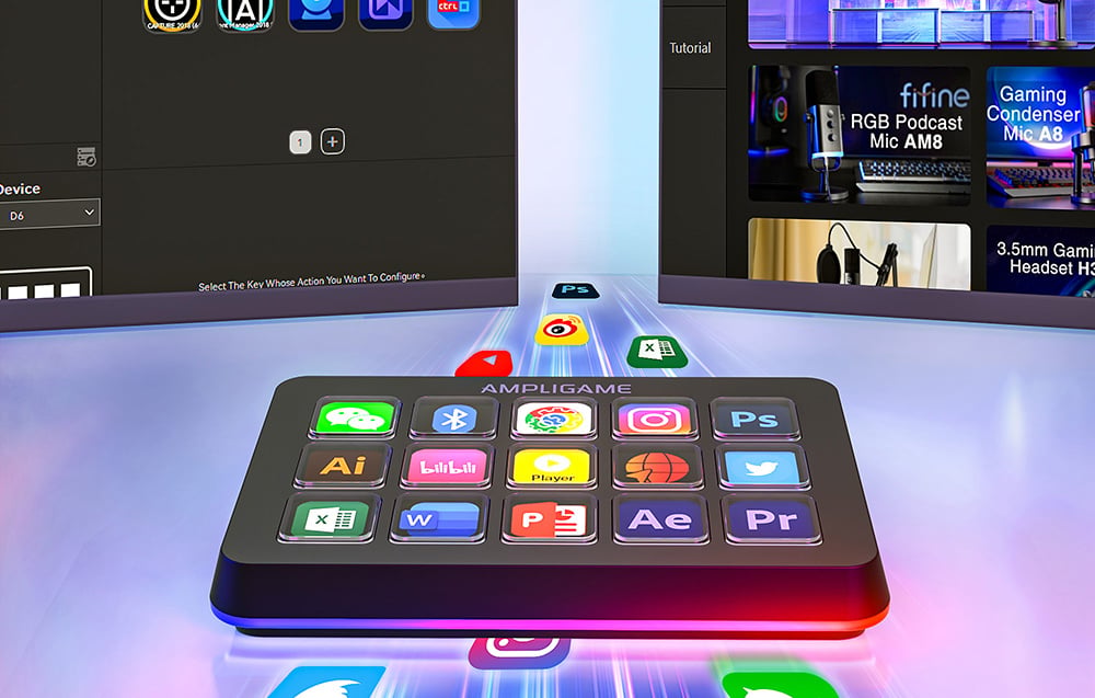 Ένα χειριστήριο με εικονίδια για εφαρμογές Adobe, πολυμέσα και μηνύματα με φόντο δύο οθόνες με προγράμματα.