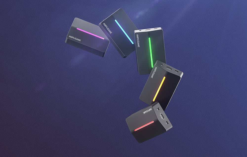 Έξι μαύρες κάρτες λήψης με οπίσθιο φωτισμό RGB, που αιωρούνται σε σκούρο μπλε φόντο.