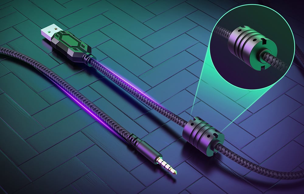 Καλώδιο ήχου USB-jack με φίλτρο φερρίτη, που εμφανίζεται επίσης σε μεγέθυνση, σε ένα σκοτεινό δάπεδο.