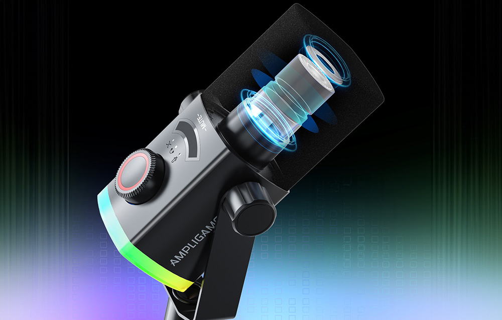Μικρόφωνο με οπίσθιο φωτισμό RGB και απεικόνιση της εσωτερικής κάψουλας του μικροφώνου.