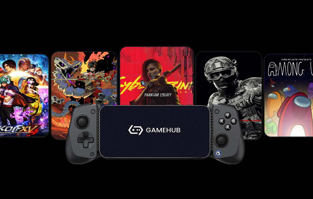 Κονσόλα με την επιγραφή GAMEHUB στην οθόνη, η οποία φαίνεται σε φόντο με πέντε γραφικά βιντεοπαιχνιδιών, μεταξύ των οποίων τα Among Us και Cyberpunk 2077