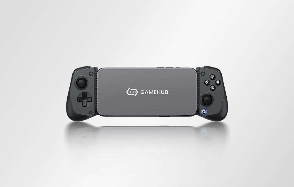 onsola με προσαρτημένα τα χειριστήρια και τη λέξη GAMEHUB στην οθόνη, ορατή σε ανοιχτόχρωμο φόντο