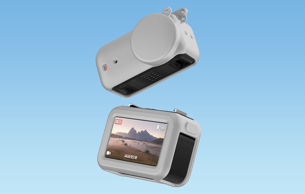 Κάμερα DJI Osmo Nano και σταθμός σύνδεσης σε γκρι θήκη με μπλε φόντο
