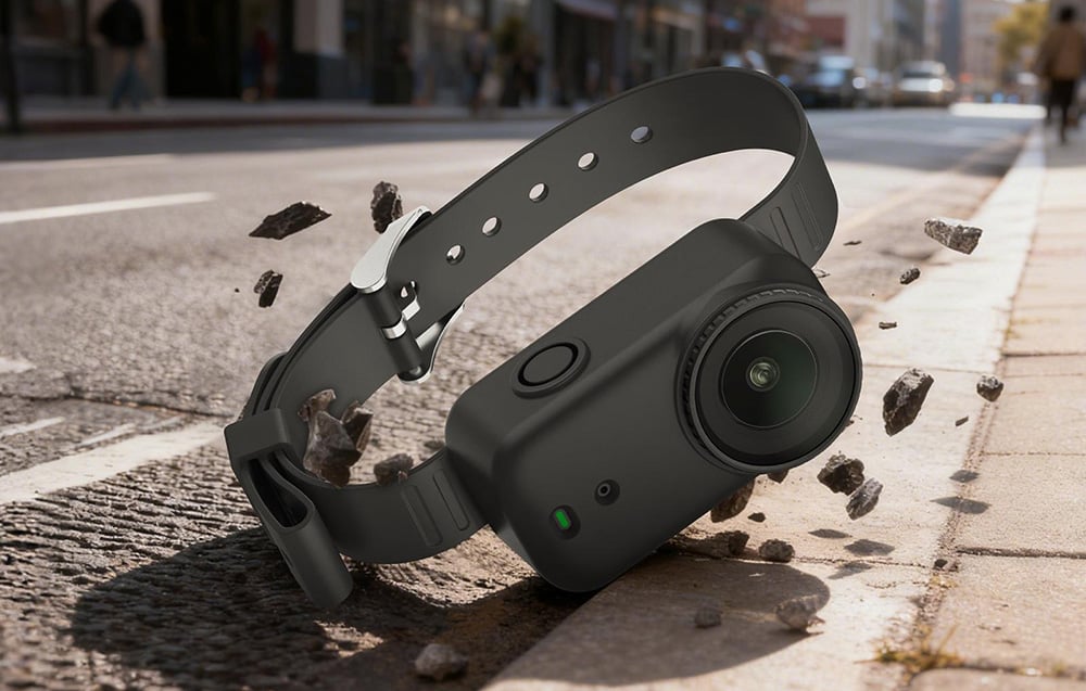 Κάμερα DJI Osmo Nano τοποθετημένη σε μαύρο βραχιολάκι σιλικόνης πέφτει στο δρόμο