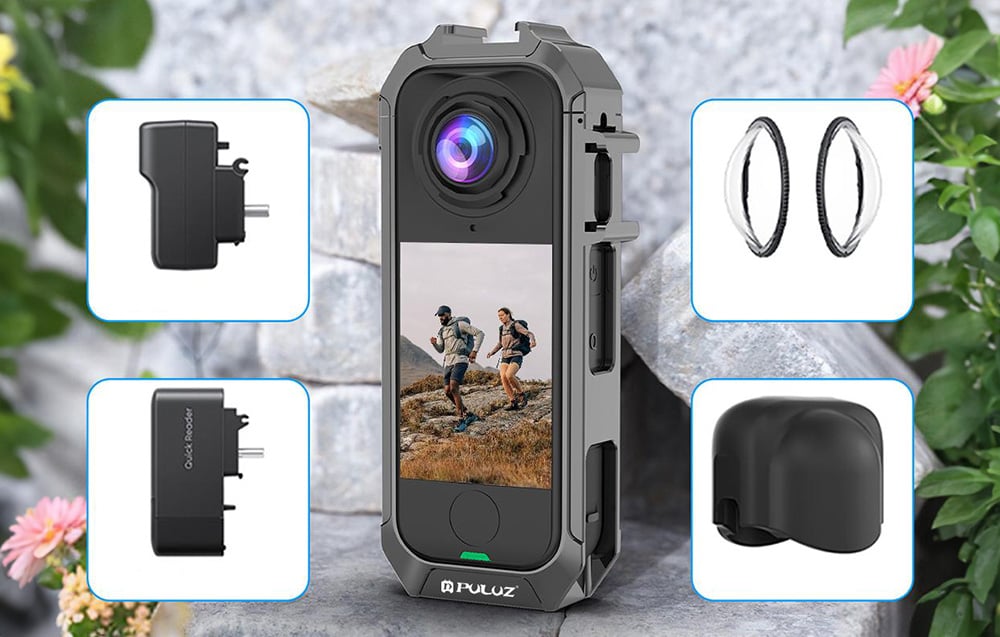 Κάμερα Insta360 X4 Air σε μεταλλική θήκη μεταξύ λήψεων πρόσθετων εξαρτημάτων