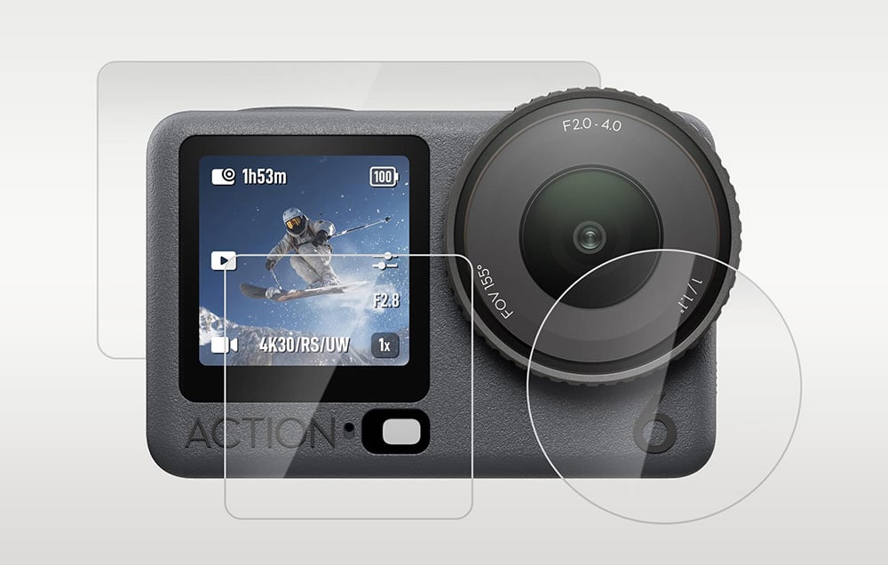 Φωτογραφική μηχανή DJI Osmo Action 6 και σκληρυμένο γυαλί για οθόνες και φακούς σε γκρι φόντο