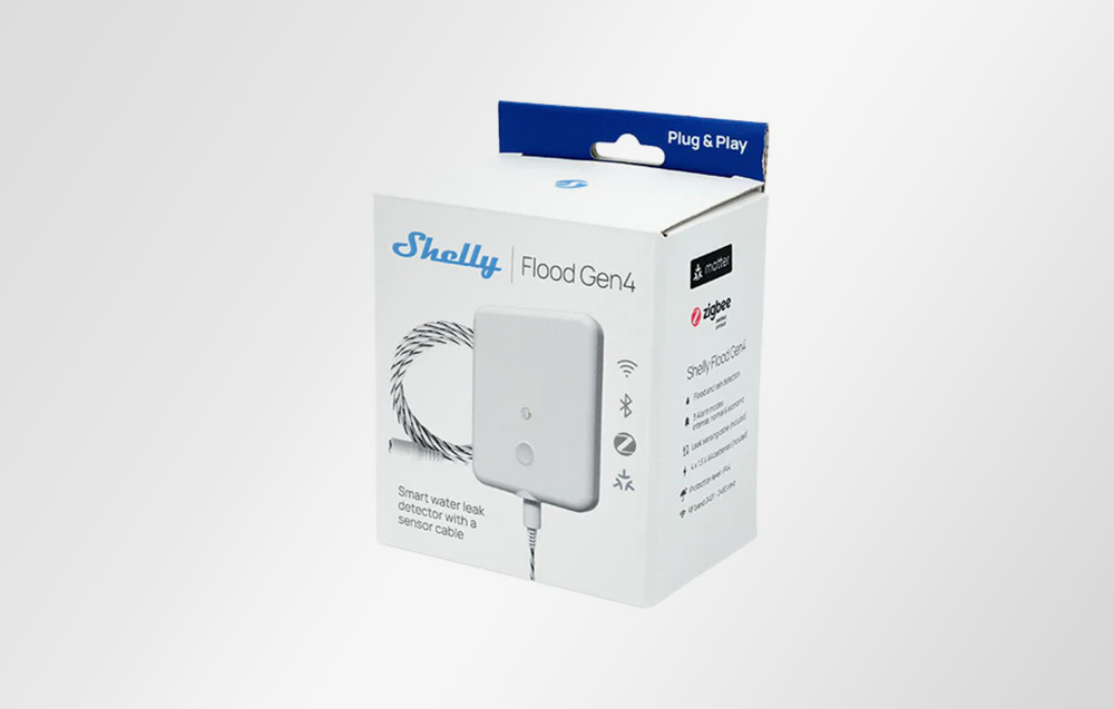 Συσκευασία συσκευής Shelly Flood Gen4 με απεικόνιση του αισθητήρα πλημμύρας και του καλωδίου