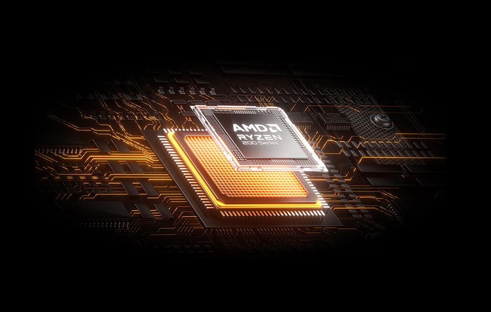 Επεξεργαστής σειράς AMD Ryzen 7000 τοποθετημένος σε μητρική πλακέτα με πορτοκαλί οπίσθιο φωτισμό