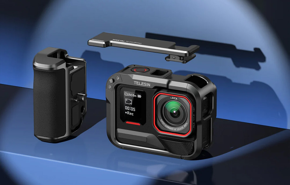 Κάμερα Insta360 σε περίβλημα Telesin με πλευρική λαβή και επέκταση της πάνω λαβής