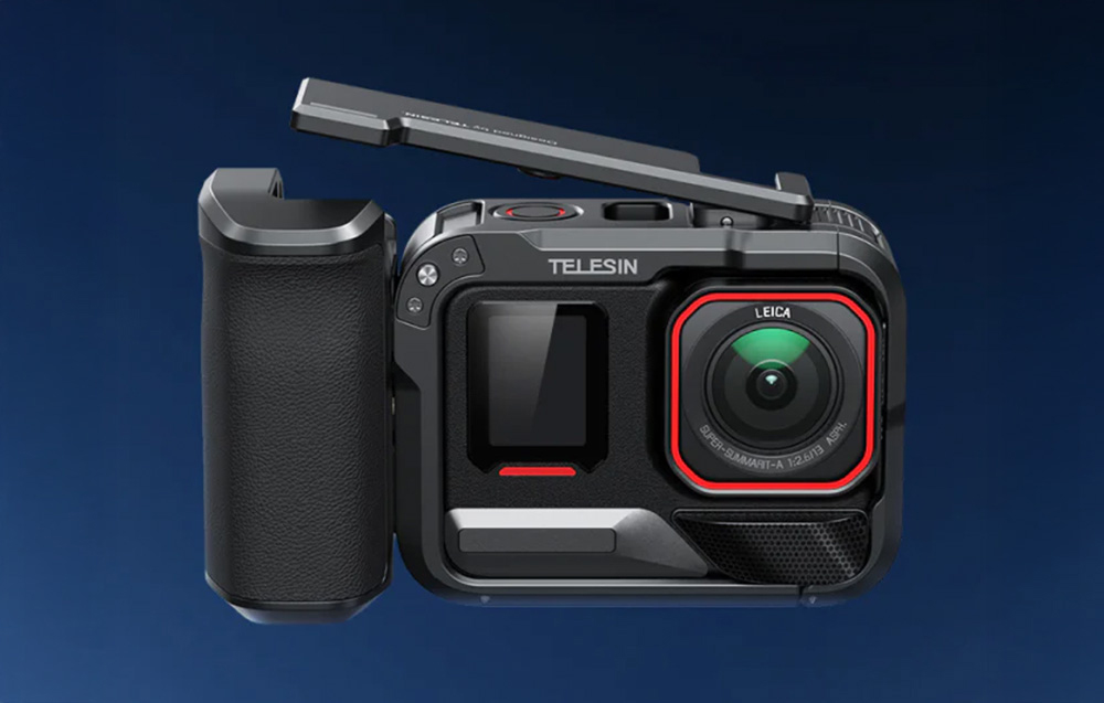 Κάμερα Insta360 Ace Pro σε θήκη Telesin με πλαϊνή λαβή και επάνω βάση στήριξης