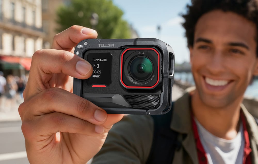 Ένας άνδρας κρατάει μια κάμερα Insta360 σε θήκη αλουμινίου Telesin σε φόντο δρόμου πόλης